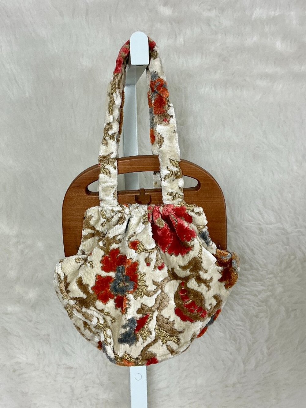 Vintage 60s 70s Wood Chenille Tapestry Ivory Orange Blue Floral Carpet Bag